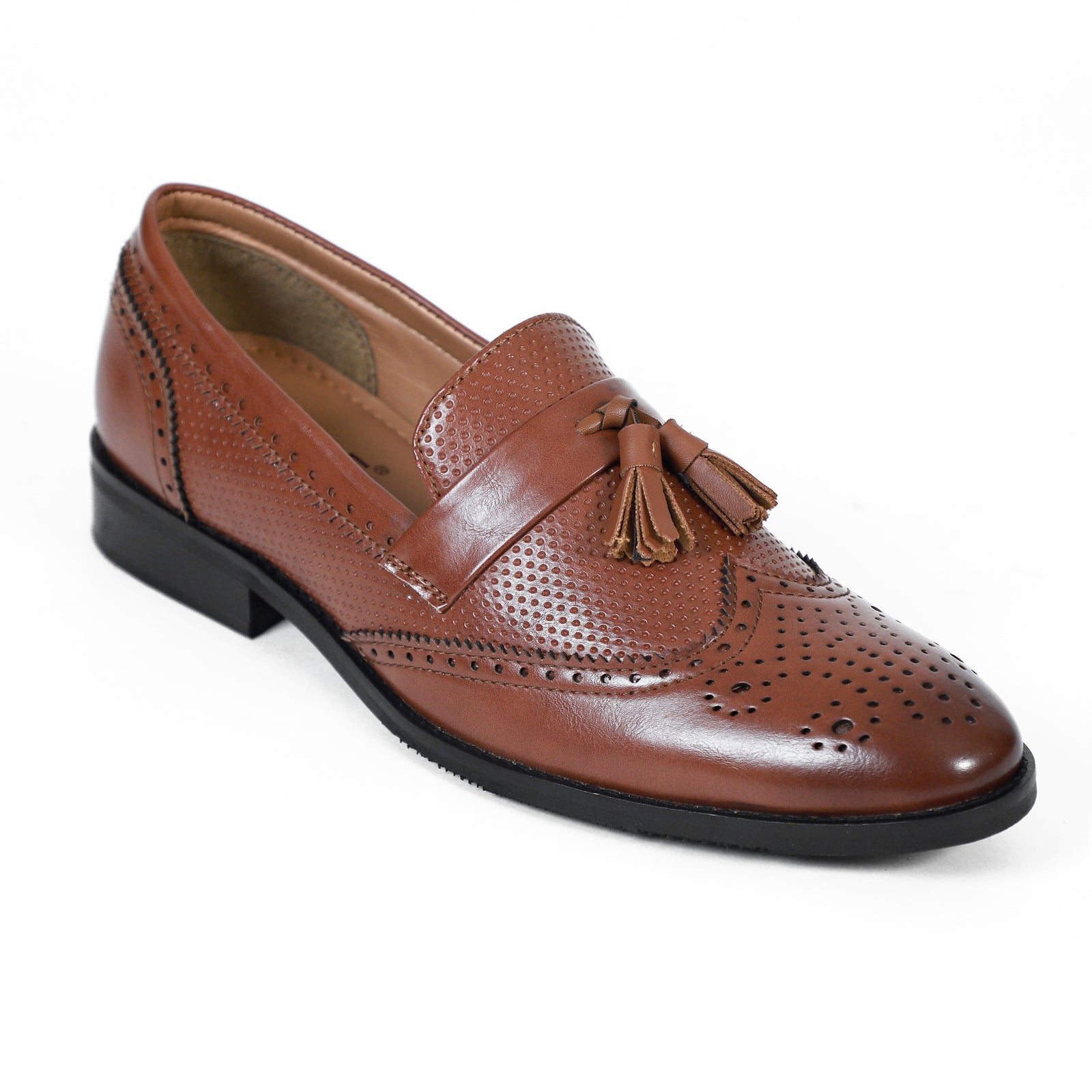 princess polly baby blue dress Mens Brown Tassel Loafers Polished Burnished Leather Slip on Shoes – XPOSED main image 0