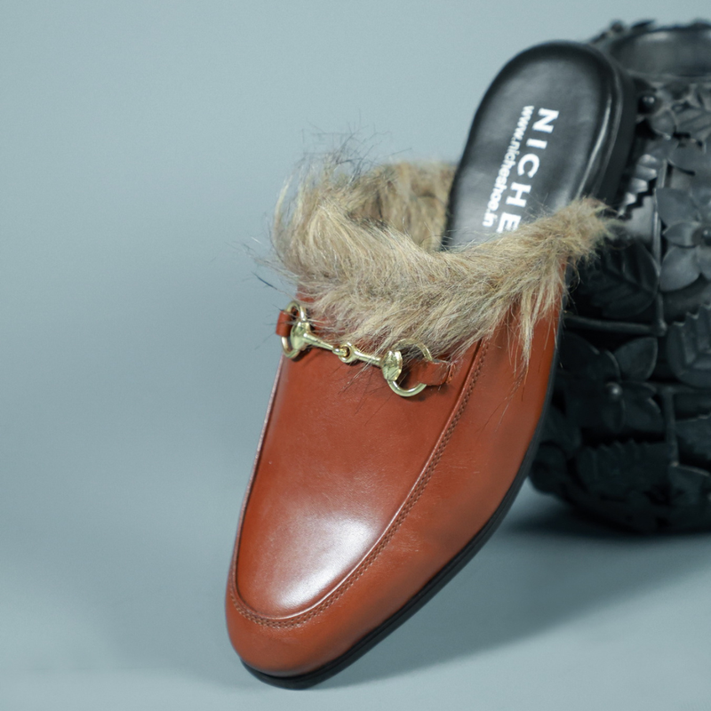 NICHE Tan Brown Fur Horsebit Mule
