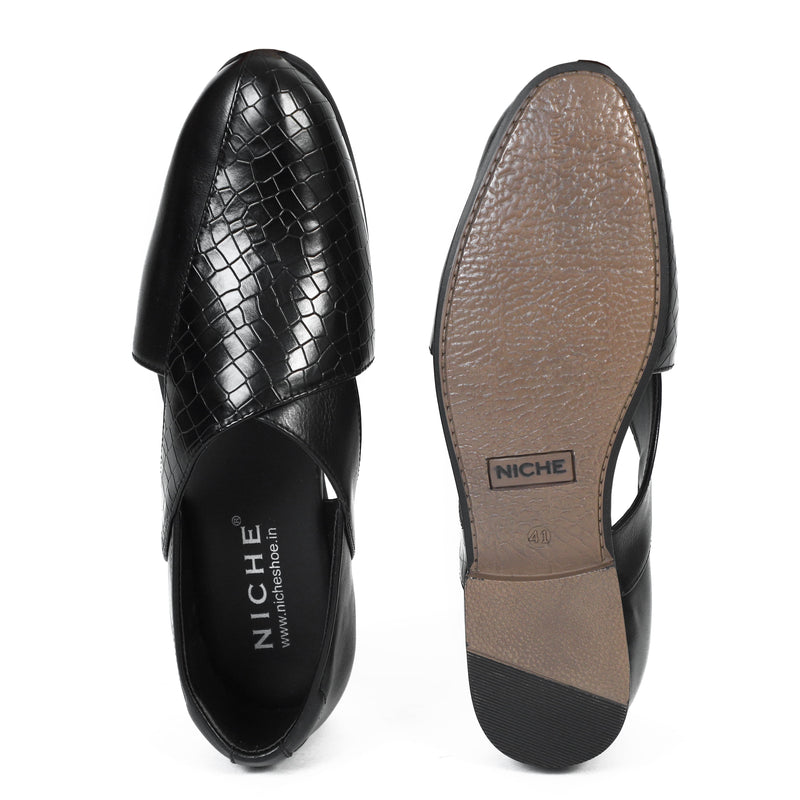 NICHE Black Croc Ethnic Peshawari Sandal