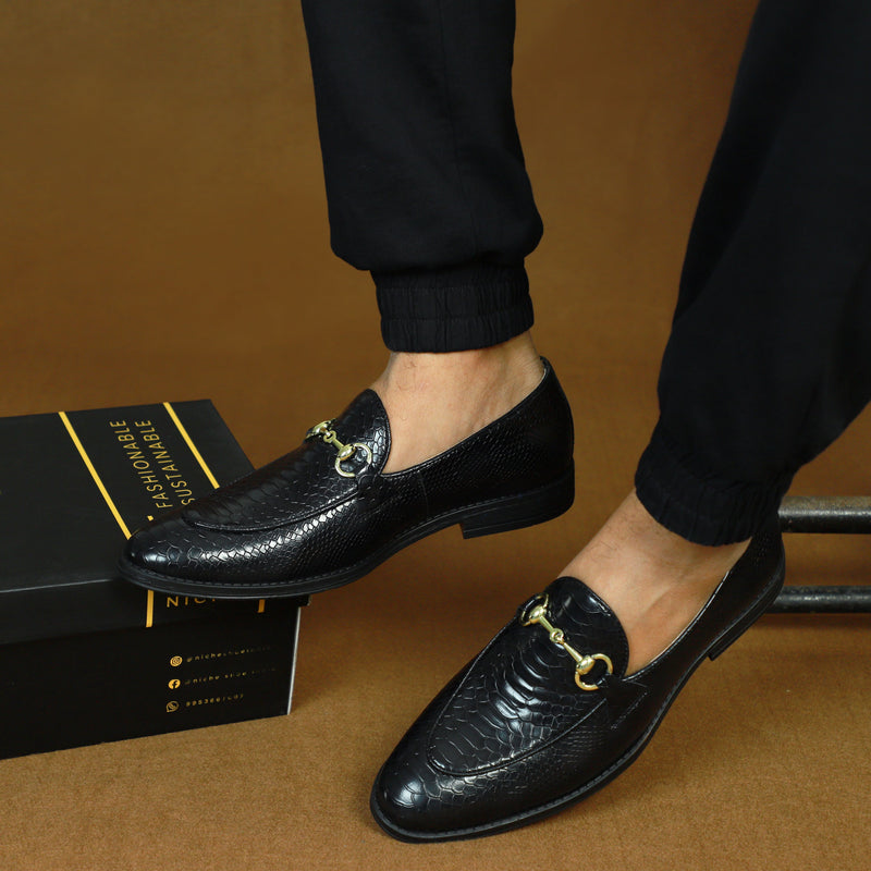 NICHE Black Python Print Horsebit Loafers