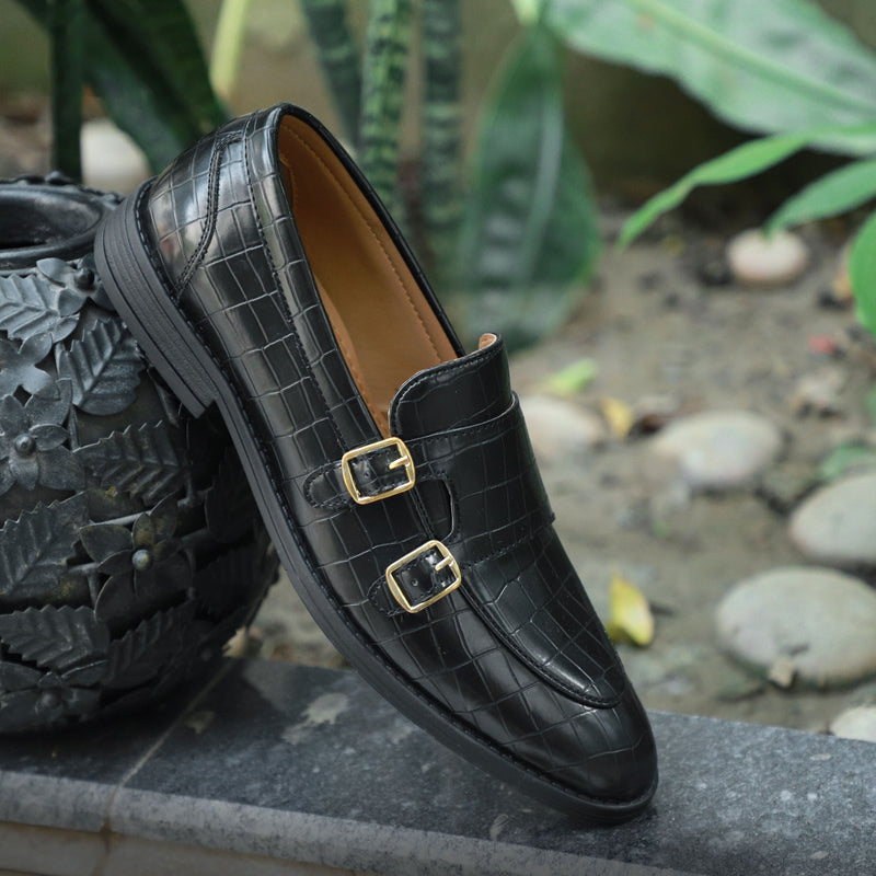 NICHE Black Crco Pattern Luxurious Double Monk Slipons