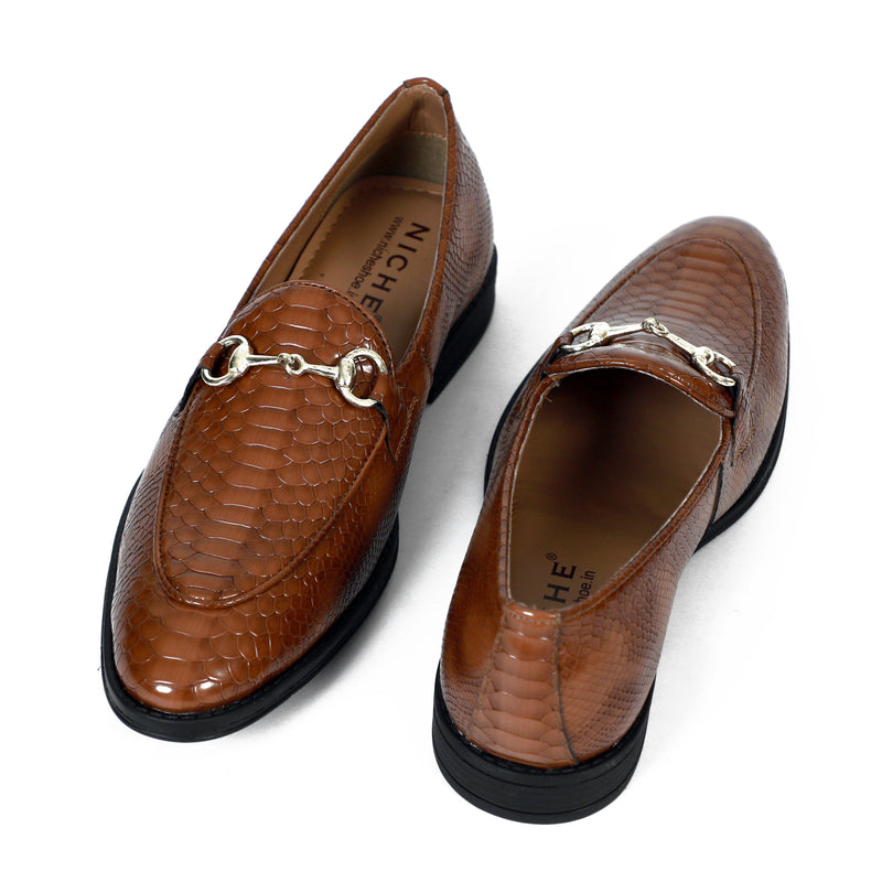 NICHE Tan Python Print Horsebit Loafers