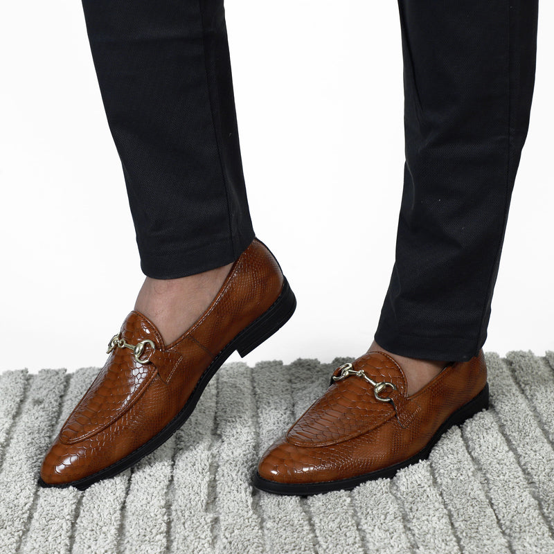 NICHE Tan Python Print Horsebit Loafers