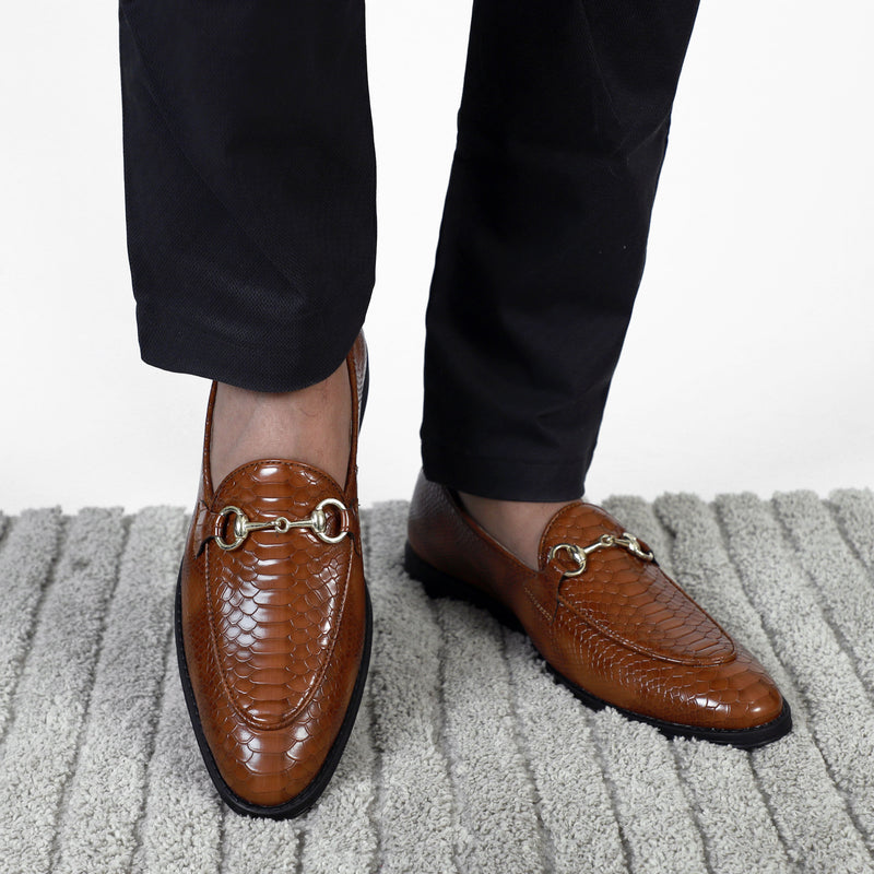 NICHE Tan Python Print Horsebit Loafers