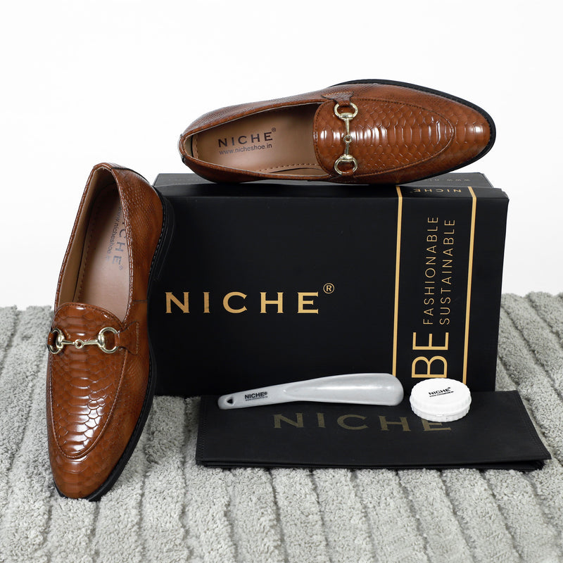 NICHE Tan Python Print Horsebit Loafers