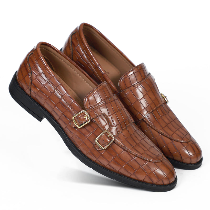 NICHE Tan Crco Pattern Luxurious Double Monk Slipons