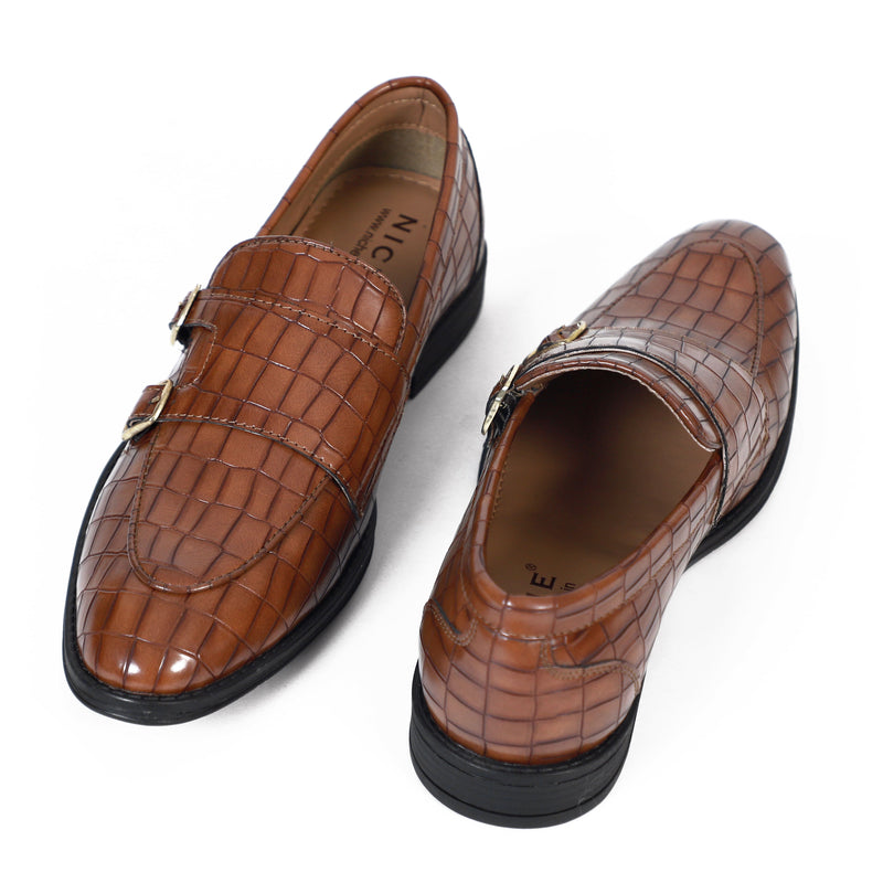 NICHE Tan Crco Pattern Luxurious Double Monk Slipons