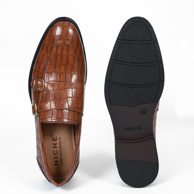 NICHE Tan Crco Pattern Luxurious Double Monk Slipons