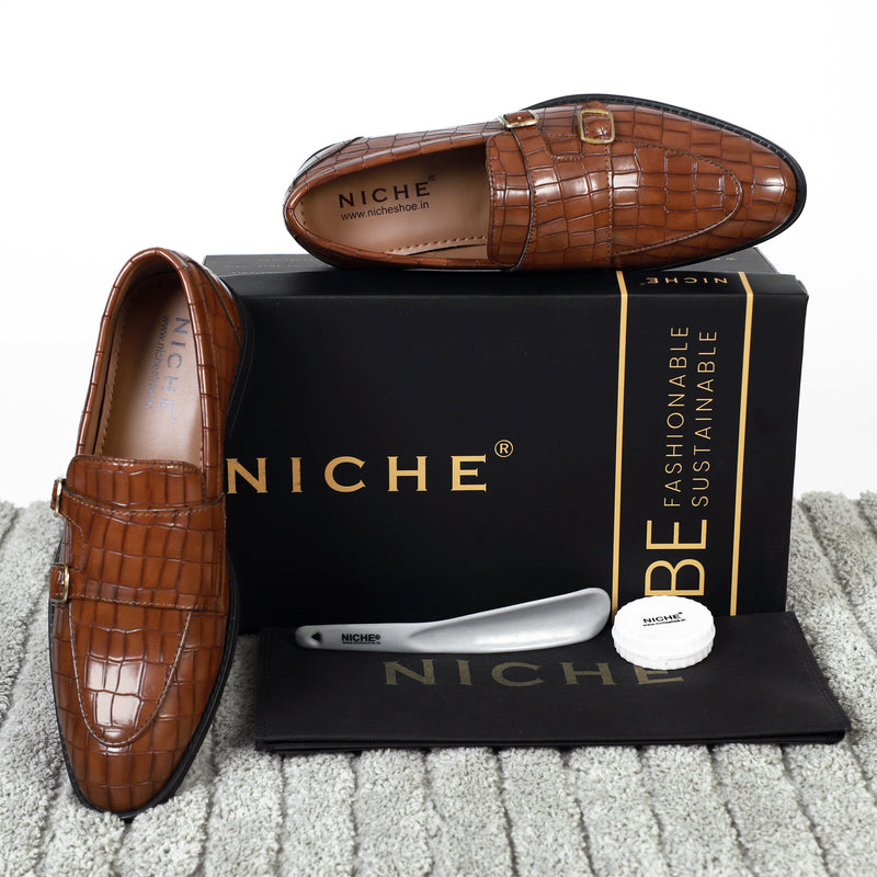 NICHE Tan Crco Pattern Luxurious Double Monk Slipons