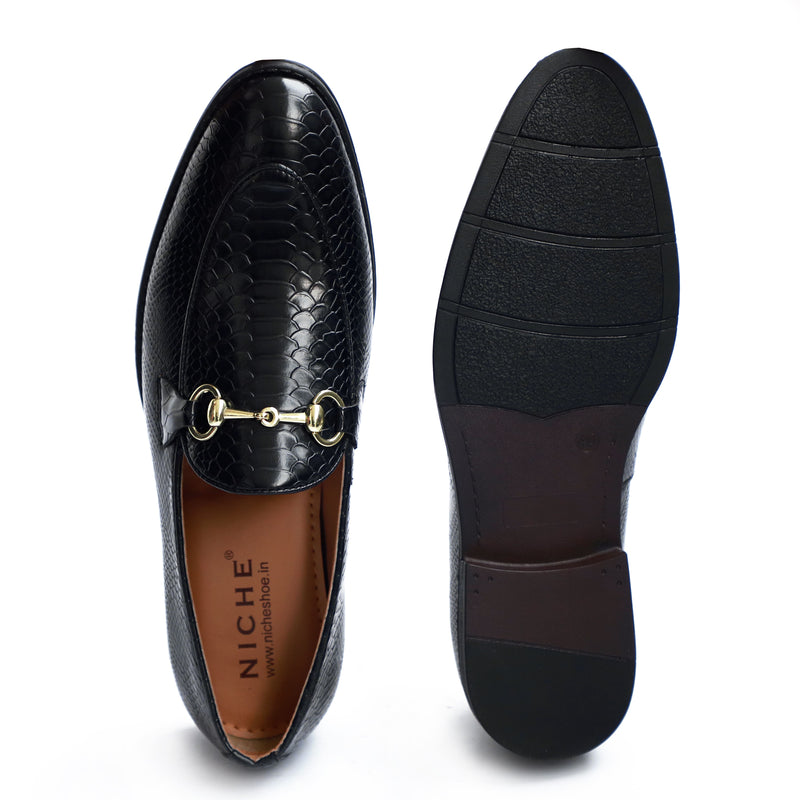 NICHE Black Python Print Horsebit Loafers