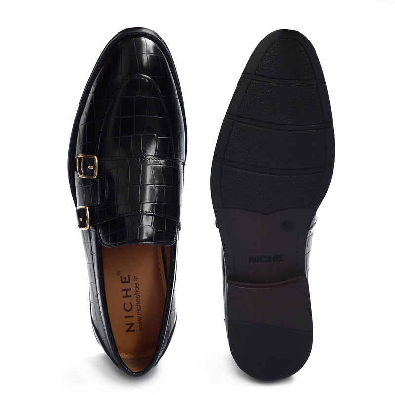 NICHE Black Crco Pattern Luxurious Double Monk Slipons