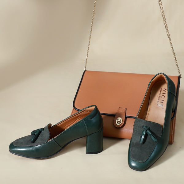 NICHE Women INLove Green Block Heel Tassel Loafers