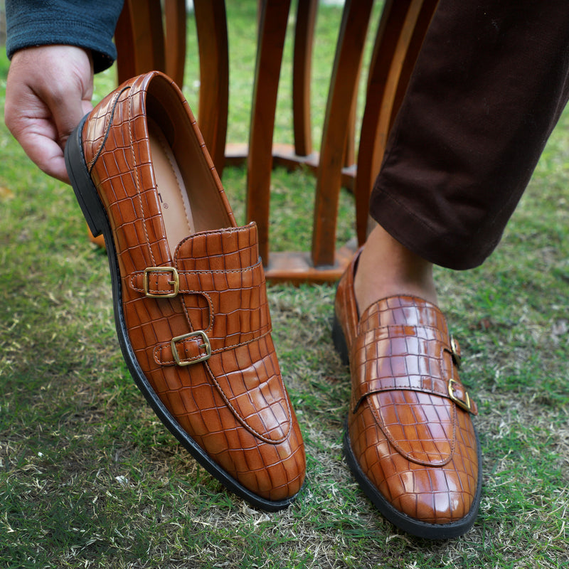 NICHE Tan Crco Pattern Luxurious Double Monk Slipons