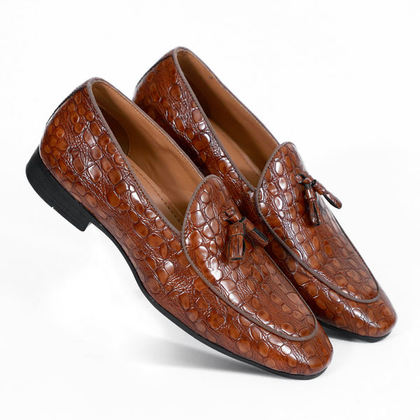 NICHE Tan Rare Croco Tassel Loafers
