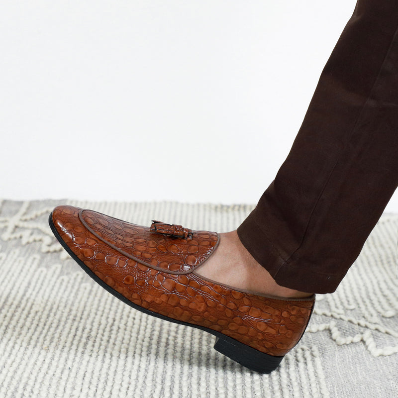 NICHE Tan Rare Croco Tassel Loafers