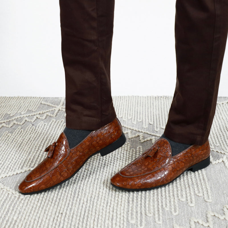 NICHE Tan Rare Croco Tassel Loafers