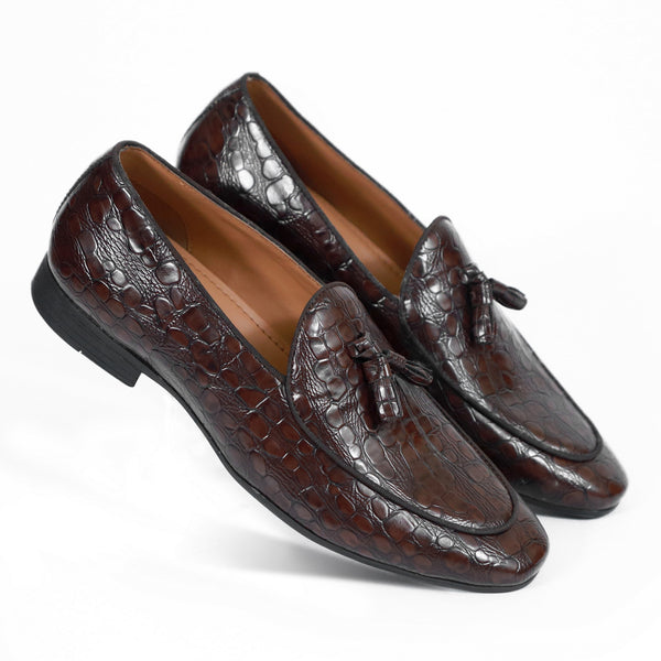 NICHE Brown Rare Croco Tassel Loafers