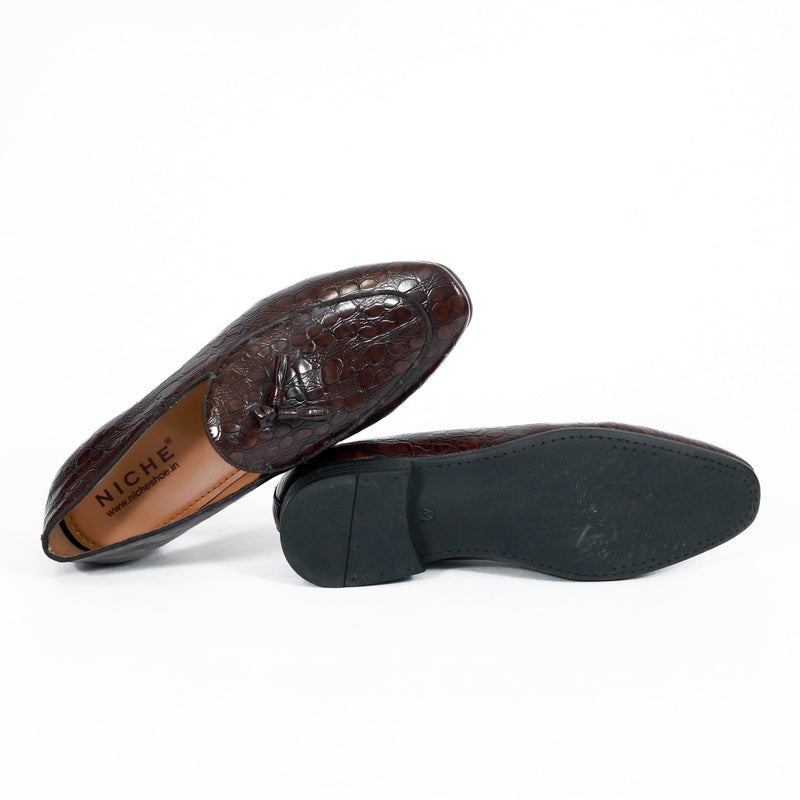 NICHE Brown Rare Croco Tassel Loafers