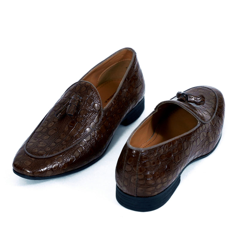 NICHE Brown Rare Croco Tassel Loafers