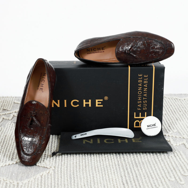 NICHE Brown Rare Croco Tassel Loafers
