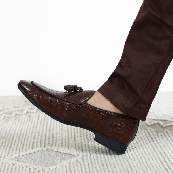 NICHE Brown Rare Croco Tassel Loafers