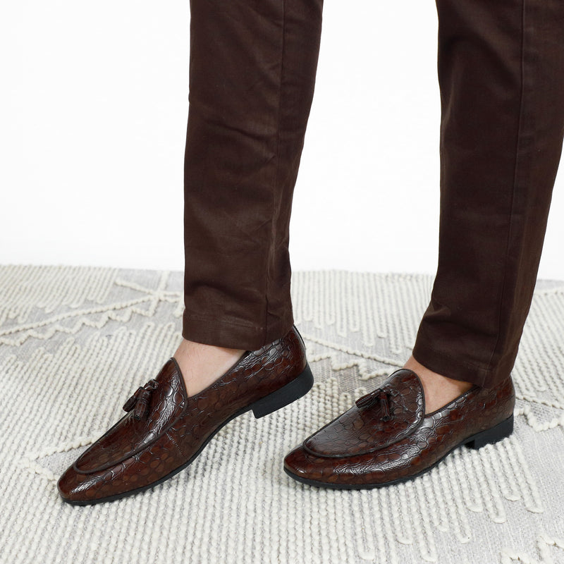 NICHE Brown Rare Croco Tassel Loafers