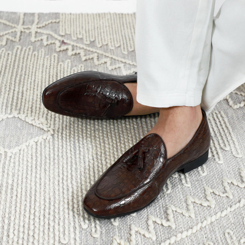 NICHE Brown Rare Croco Tassel Loafers
