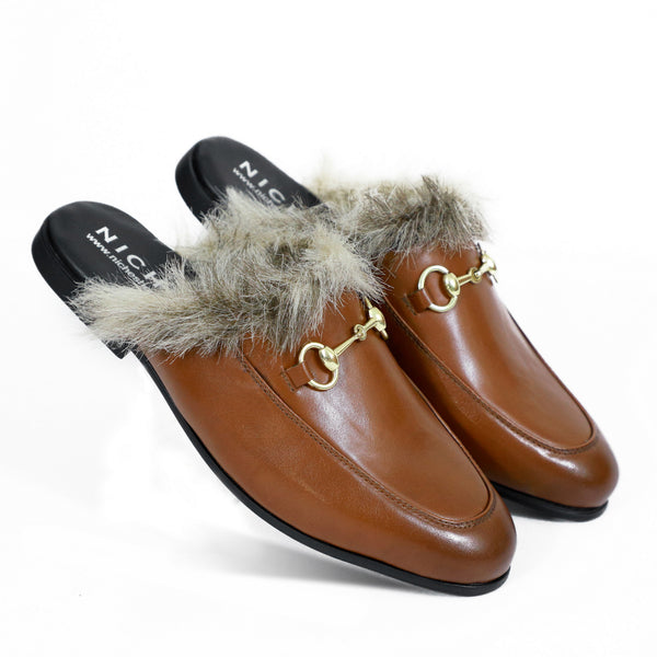 NICHE Tan Brown Fur Horsebit Mule