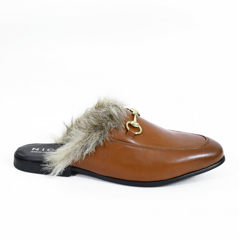 NICHE Tan Brown Fur Horsebit Mule