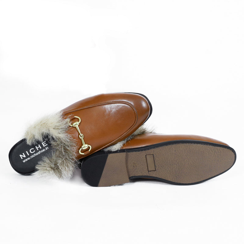 NICHE Tan Brown Fur Horsebit Mule