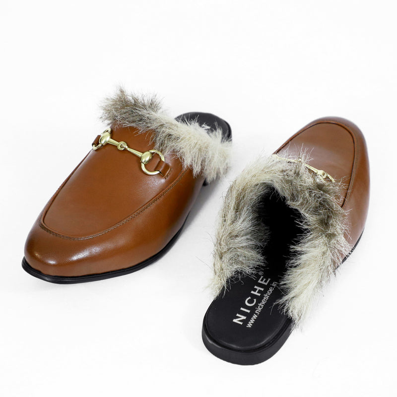 NICHE Tan Brown Fur Horsebit Mule