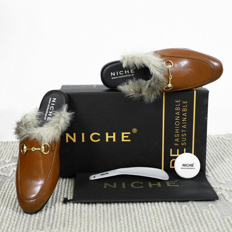 NICHE Tan Brown Fur Horsebit Mule