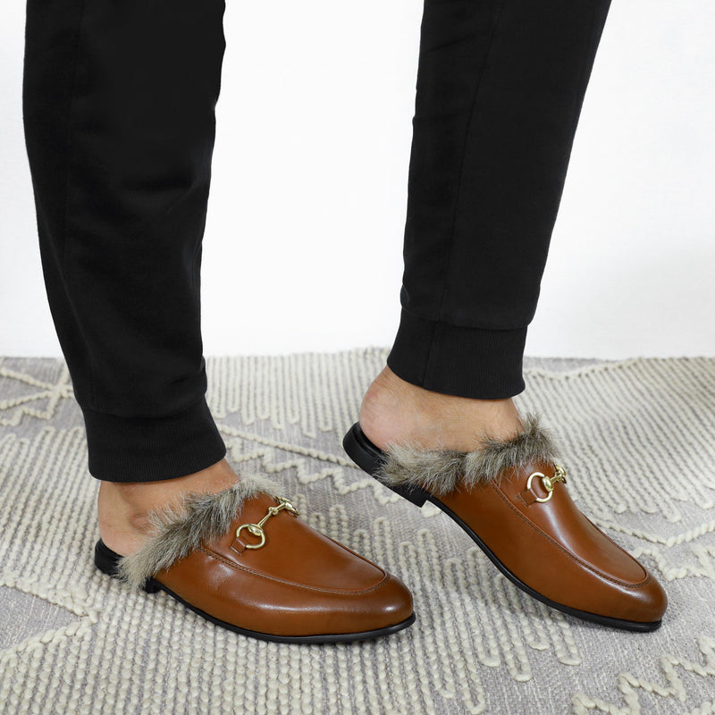 NICHE Tan Brown Fur Horsebit Mule