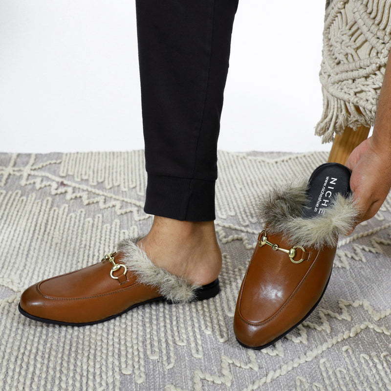 NICHE Tan Brown Fur Horsebit Mule