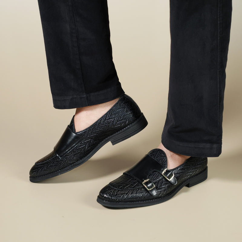 NICHE Black Textured Vogue Double Monk Slipons