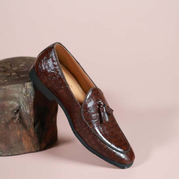NICHE Brown Rare Croco Tassel Loafers