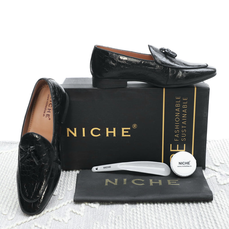 NICHE Black Rare Croco Tassel Loafers