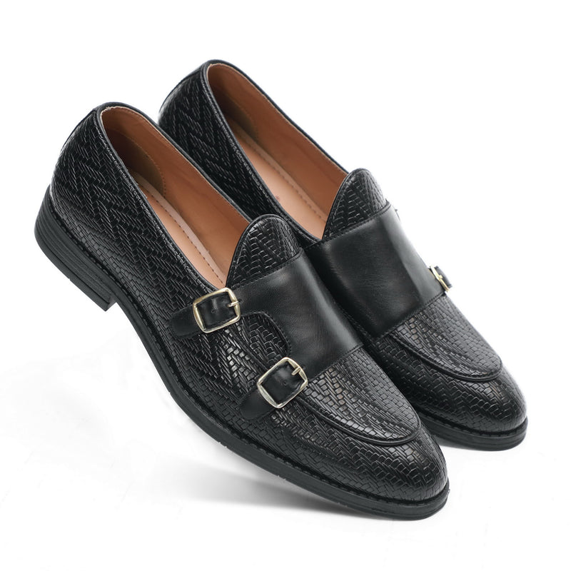 NICHE Black Textured Vogue Double Monk Slipons