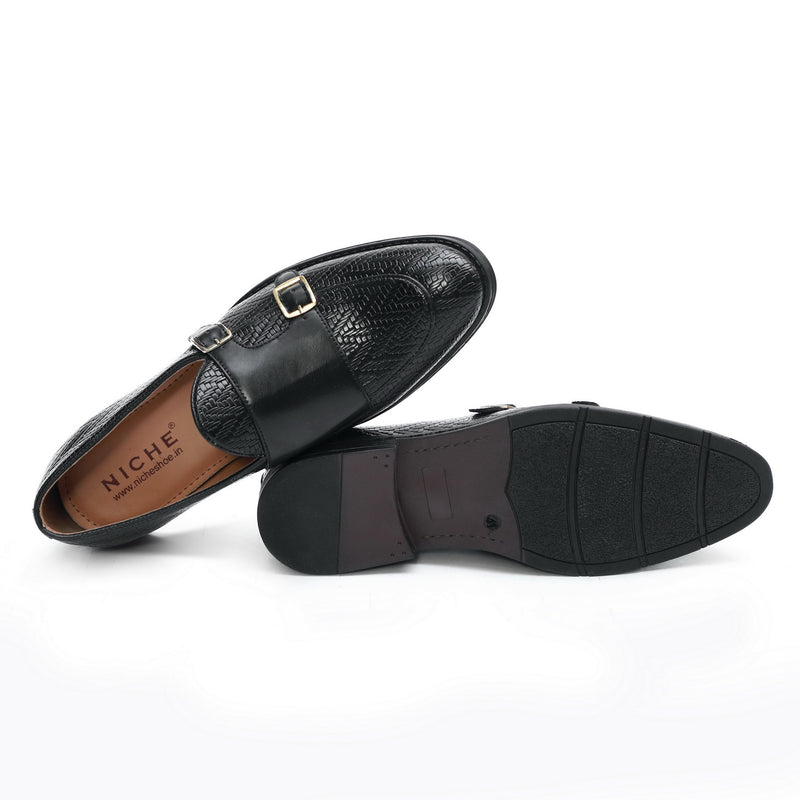 NICHE Black Textured Vogue Double Monk Slipons