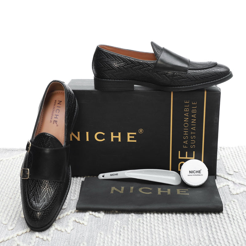 NICHE Black Textured Vogue Double Monk Slipons
