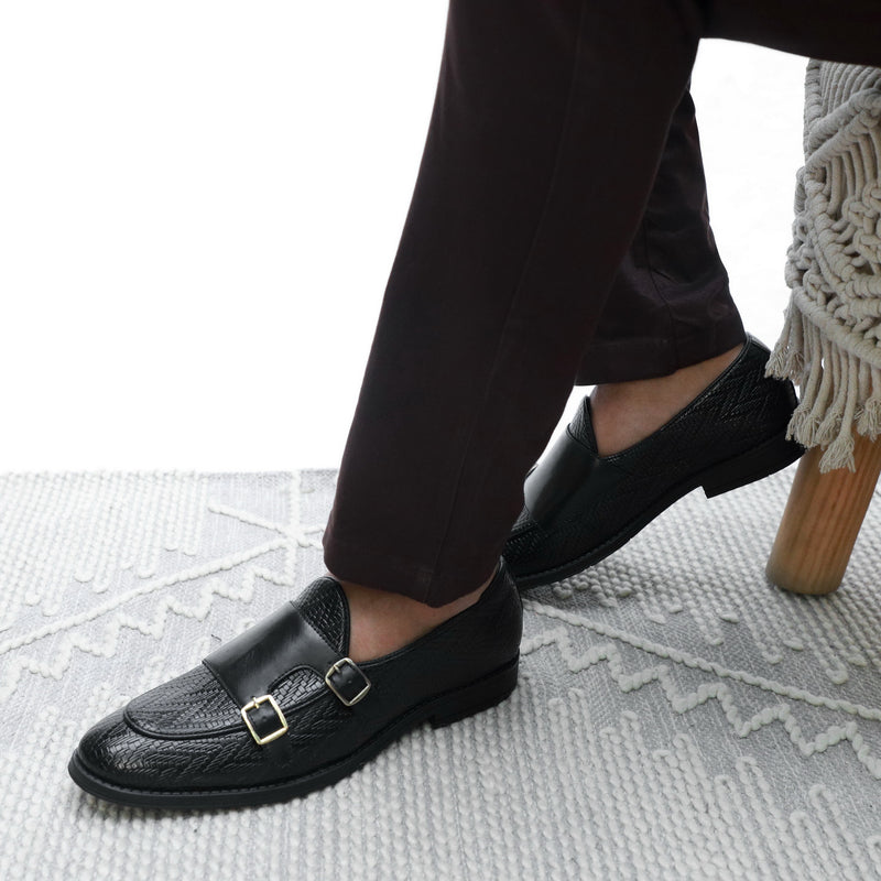 NICHE Black Textured Vogue Double Monk Slipons