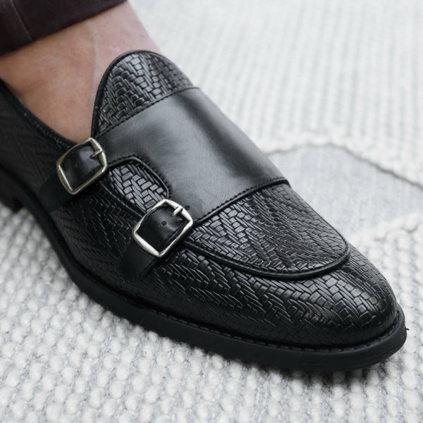 NICHE Black Textured Vogue Double Monk Slipons