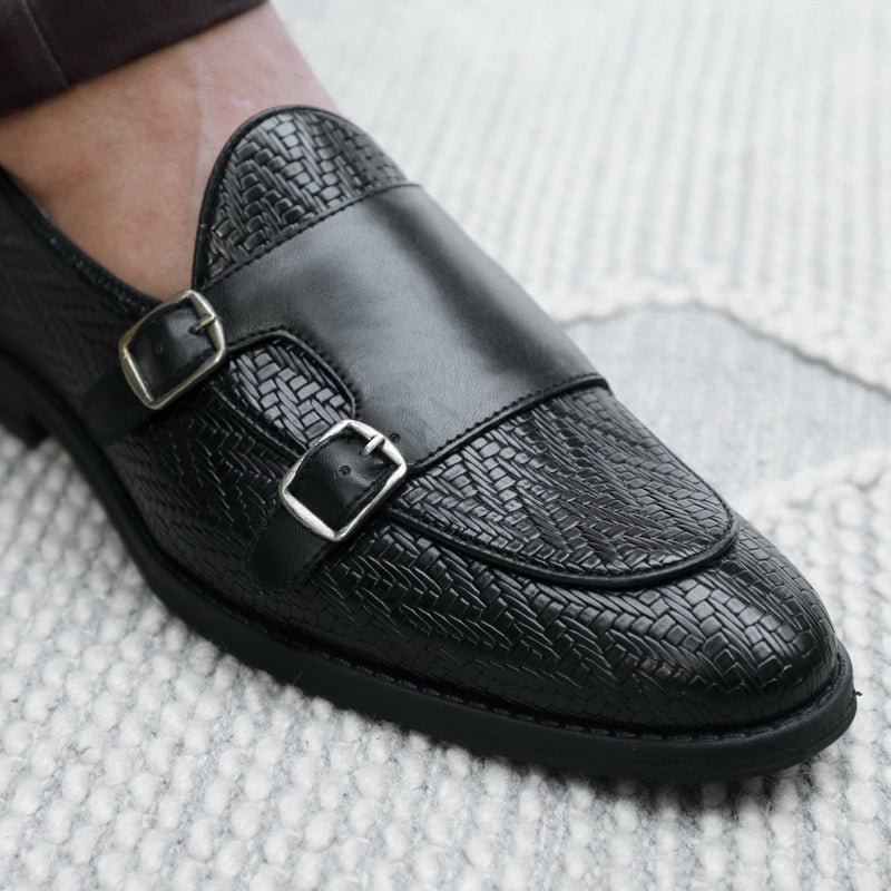 NICHE Black Textured Vogue Double Monk Slipons