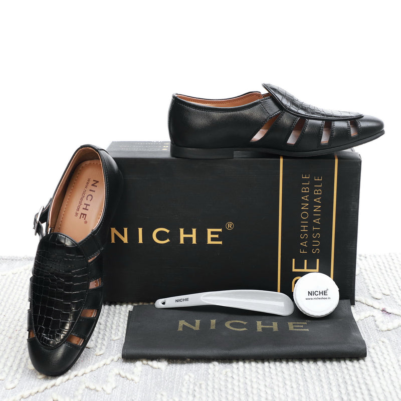 NICHE Black Croco Maharaja Peshawari Sandal