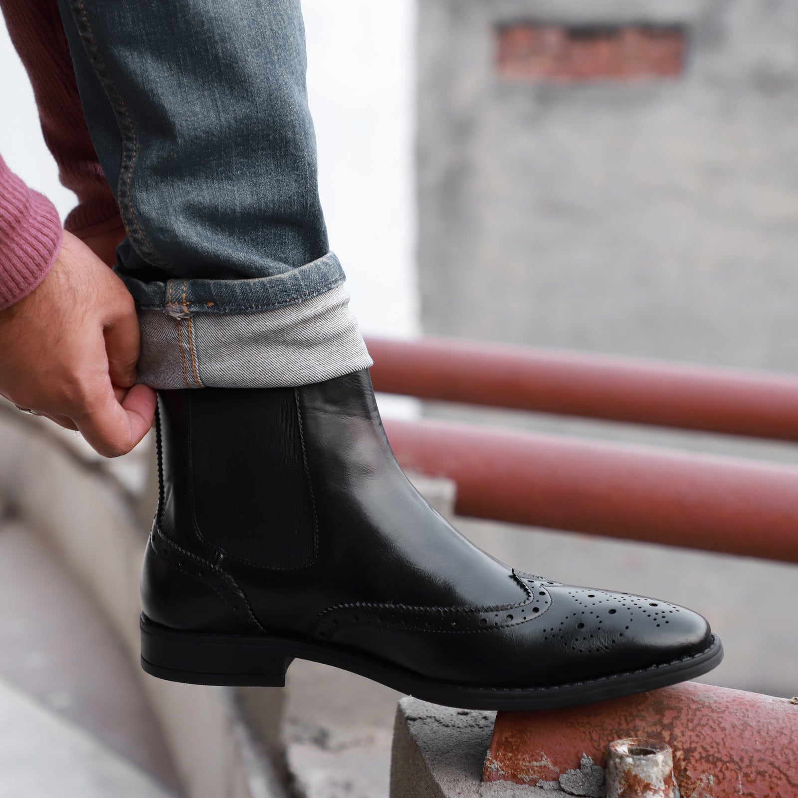 NICHE Black Brogue Designer Chelsea Boot