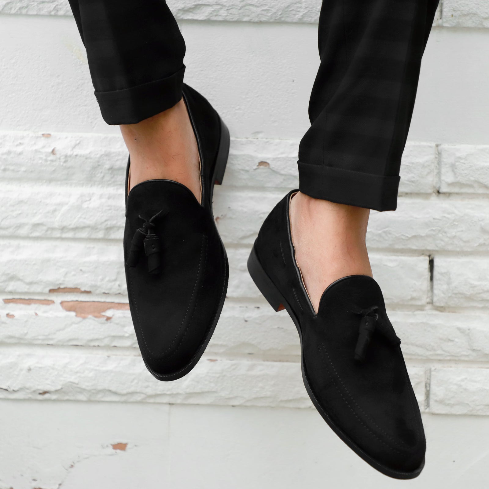 Black suede tassel loafers online